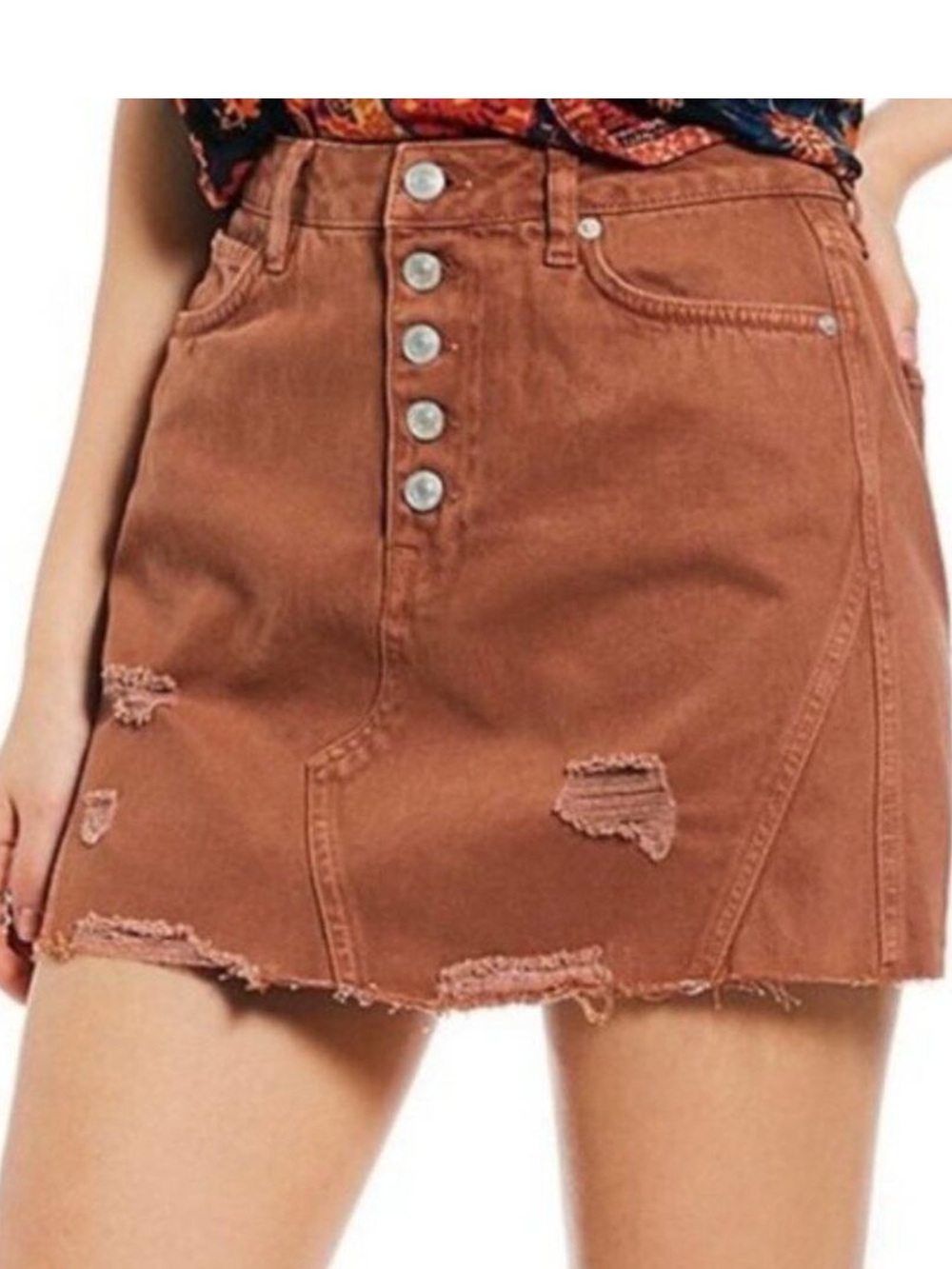 Free People We The Free‎ Rust Distressed Button Front Denim Mini Skirt Size 28